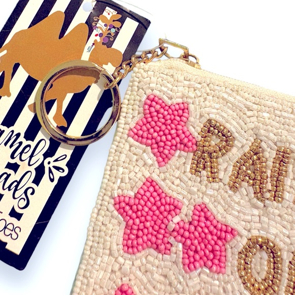 Camel Threads Raised On Dolly Beaded Coin Purse Small Pouch White Gold Pink Star - Picture 9 of 9